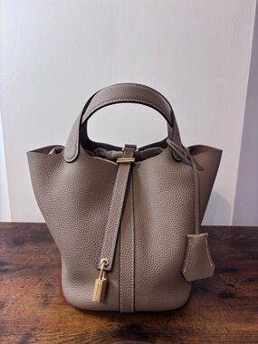 Taupe Pebbled Leather Bucket Bag with Gold Hardware